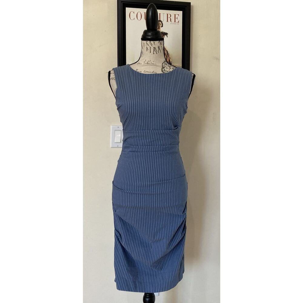 Sarah Campbell Blue And White Stripe Ruched Sleeveless Midi Dress Size 0